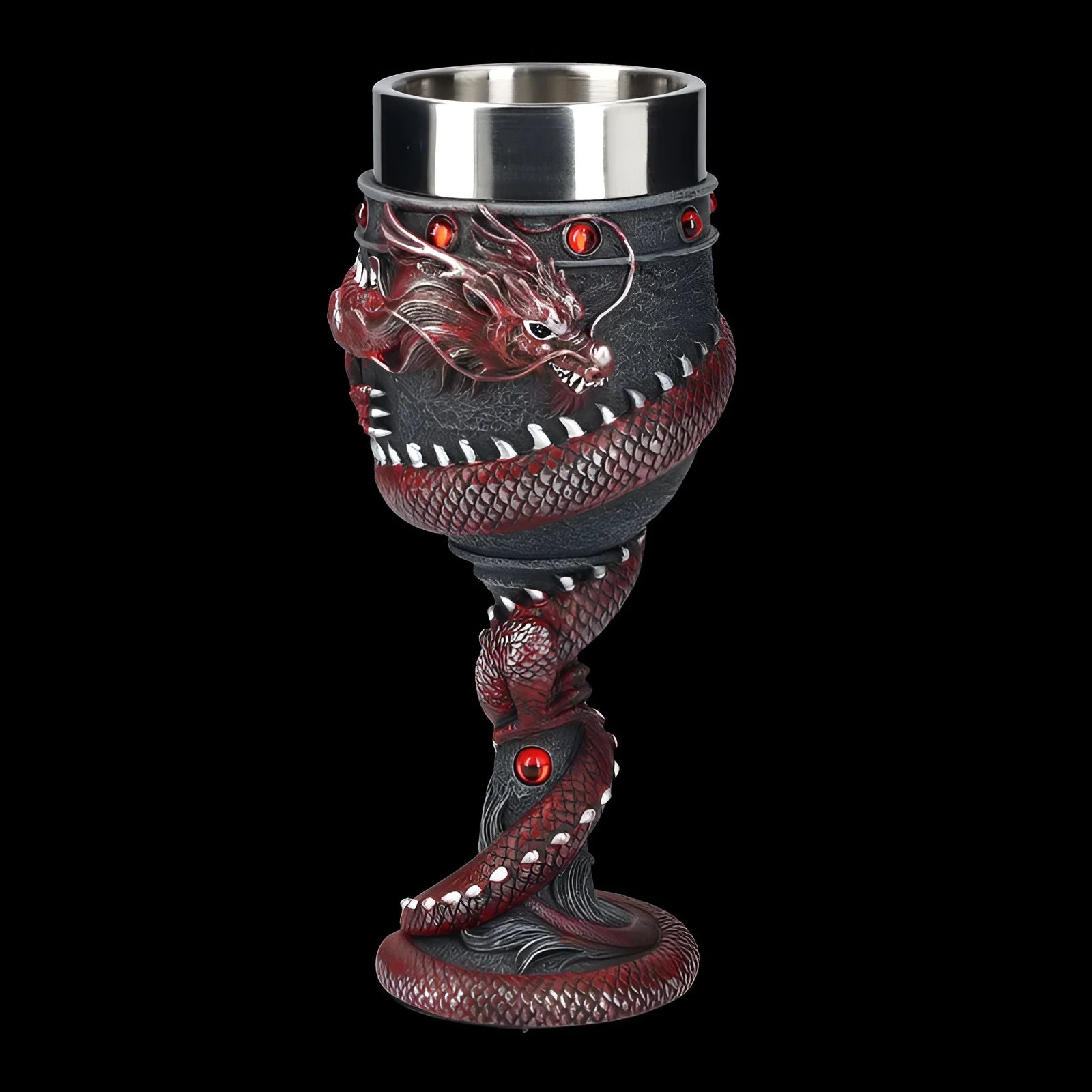 Red wine glass with 3D dragon decoration on stainless steel stem in gold colour
