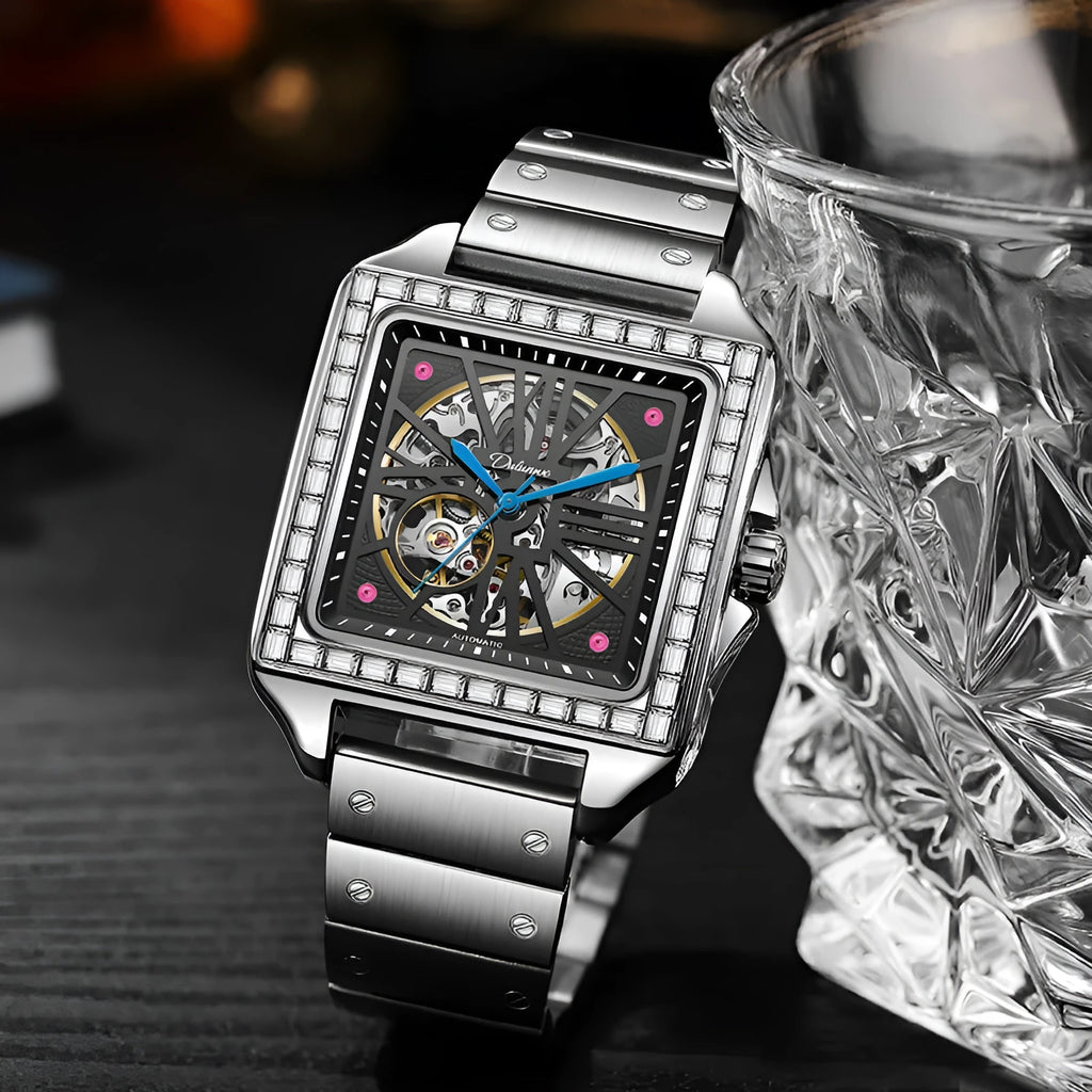 Square automatic watch for men with diamonds on dial, on black steel bracelet