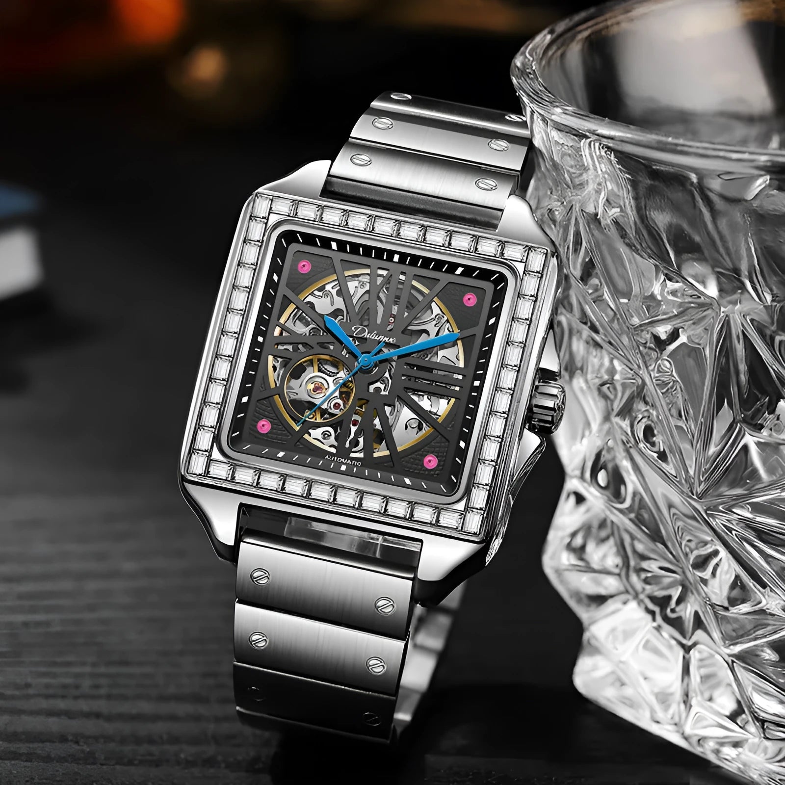 Square automatic watch for men with diamonds on dial, on black steel bracelet