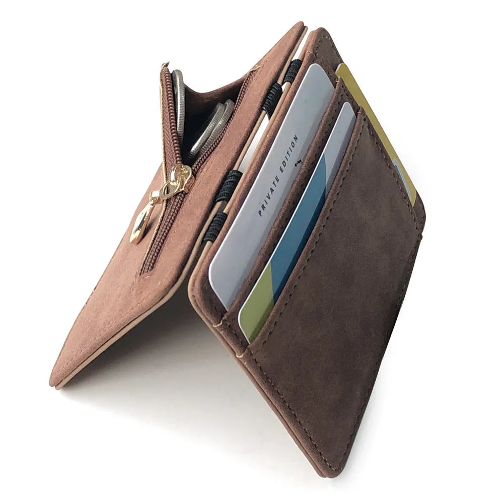 Korean style matte leather magic wallet in horizontal square shape showing coin pocket and sewn detailing.