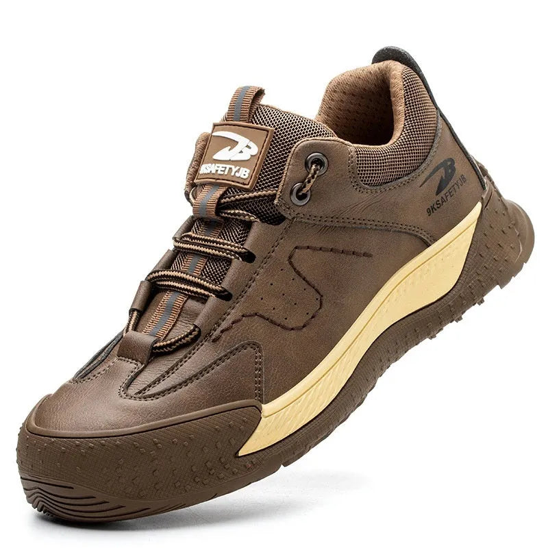 Men's Flyknit safety work shoes with leather upper and rubber sole in multiple colour options
