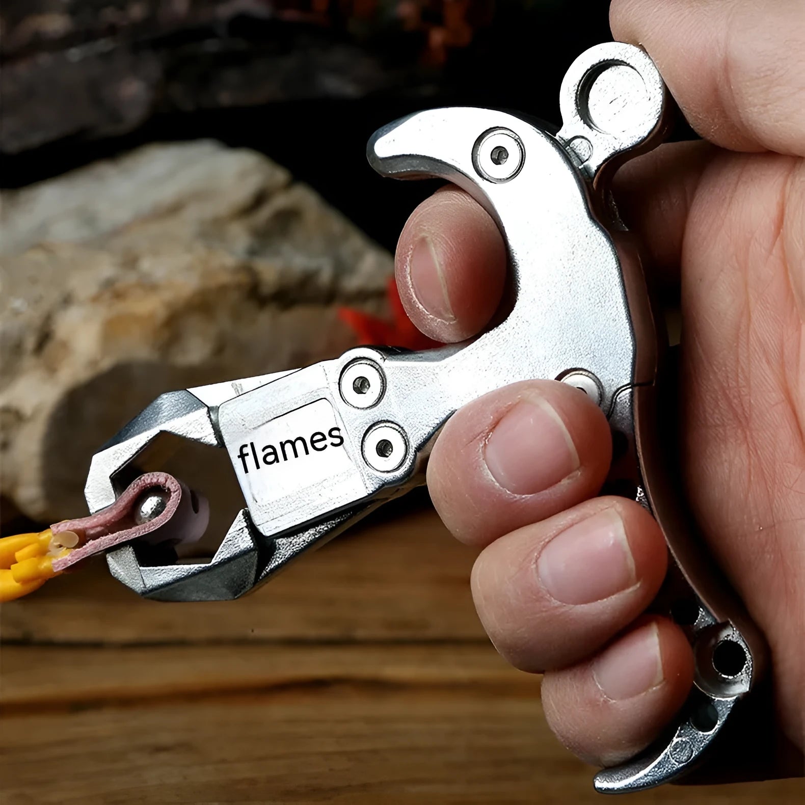 Zinc alloy archery release aid with a two-axis harpoon clip and stainless steel spring mechanism.