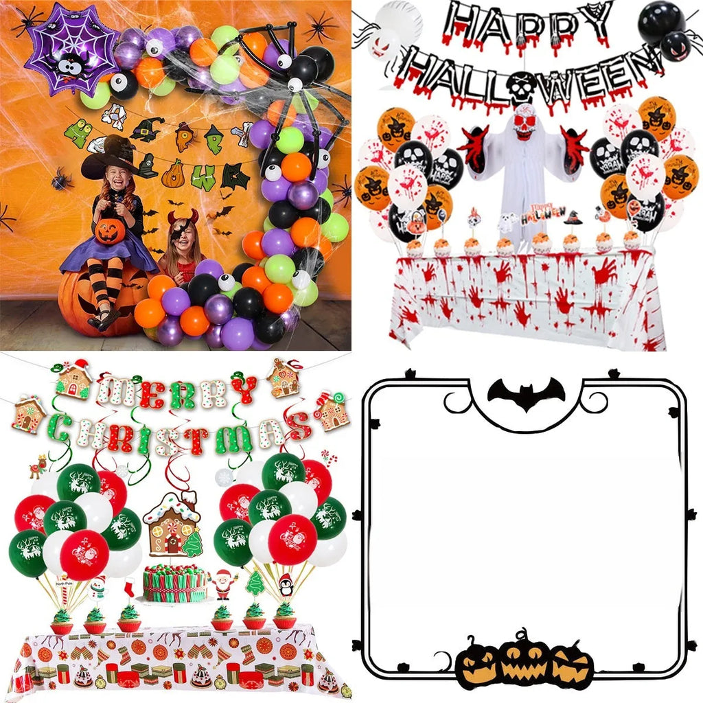 Halloween balloon decoration set with skull and pumpkin designs in white and black for creating spider balloon arches