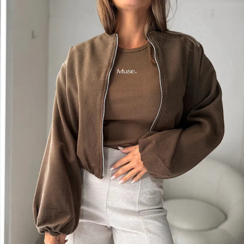 Women's brown lantern sleeve short coat with loose casual fit and pocket details