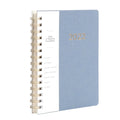 Blue or green PU leather student planner with weekly calendar pages and interior pockets