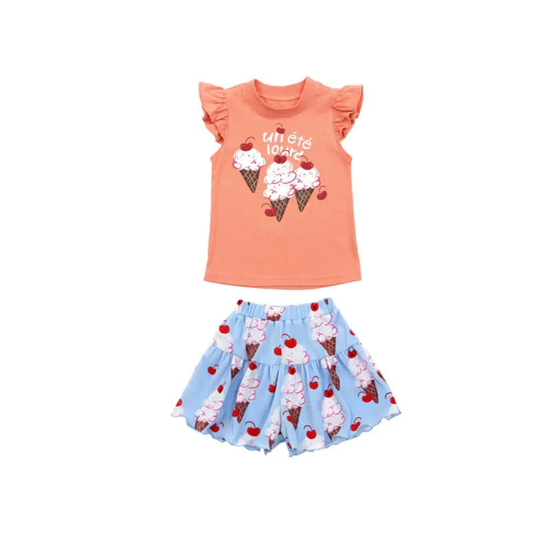 Children's ice cream pleated T-shirt shorts Korean set in BE Blue Suit on child model front view