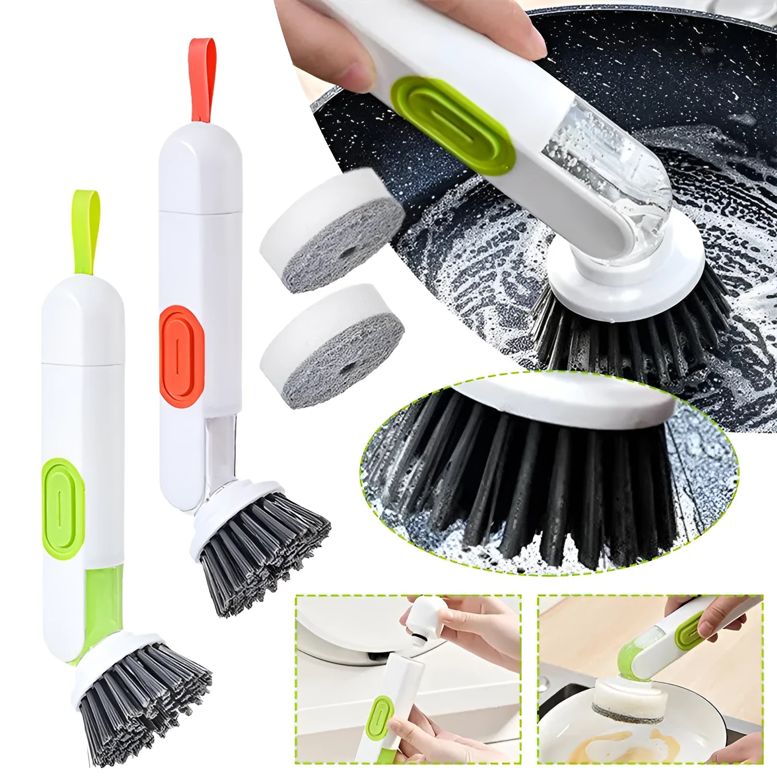 Long-handle kitchen cleaning brush with liquid dispenser and two brush heads in white and green colour
