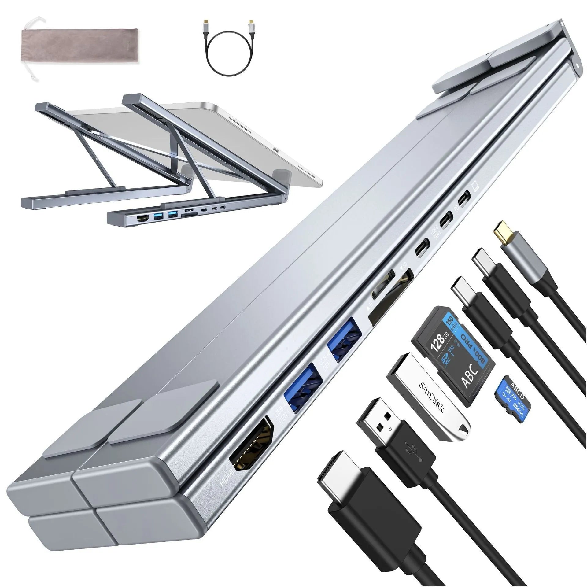 Aluminium folding laptop stand with built-in multi-port docking hub on a desk.