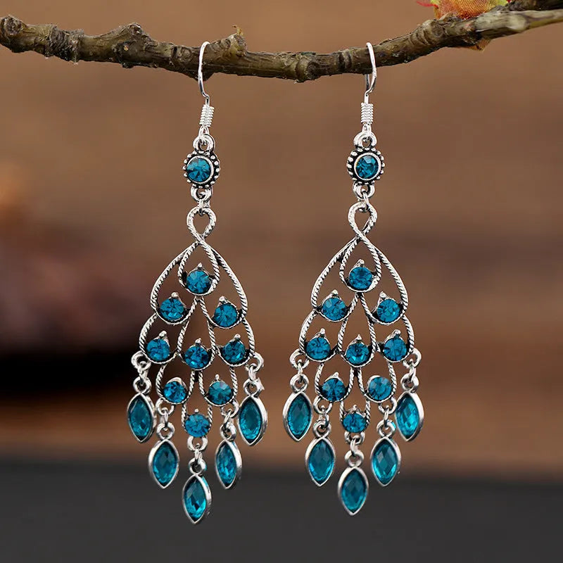 Smart water drop purple retro fringe earrings with crystal detail and ethnic styling