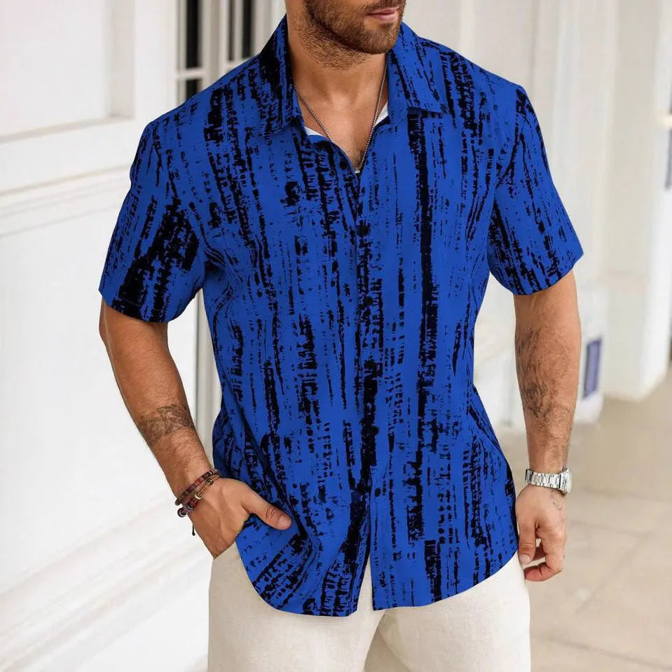 Man wearing a blue striped short sleeve casual shirt with a 3D printed pattern.