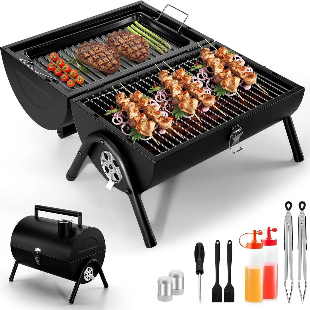 Small folding desktop charcoal barbecue grill in a closed or open position