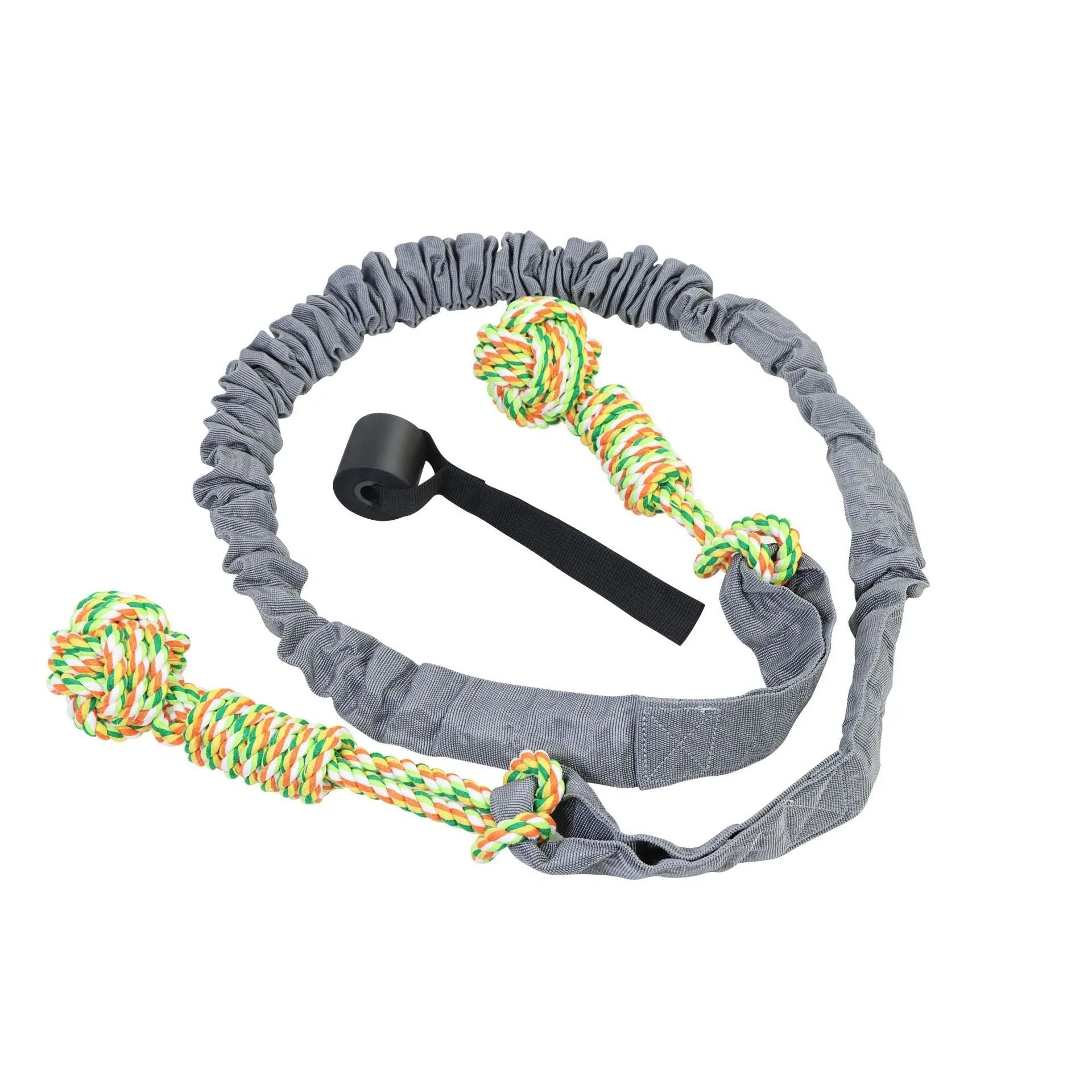 Cotton dog tug-of-war rope toy in red, shown being pulled by a dog and owner.