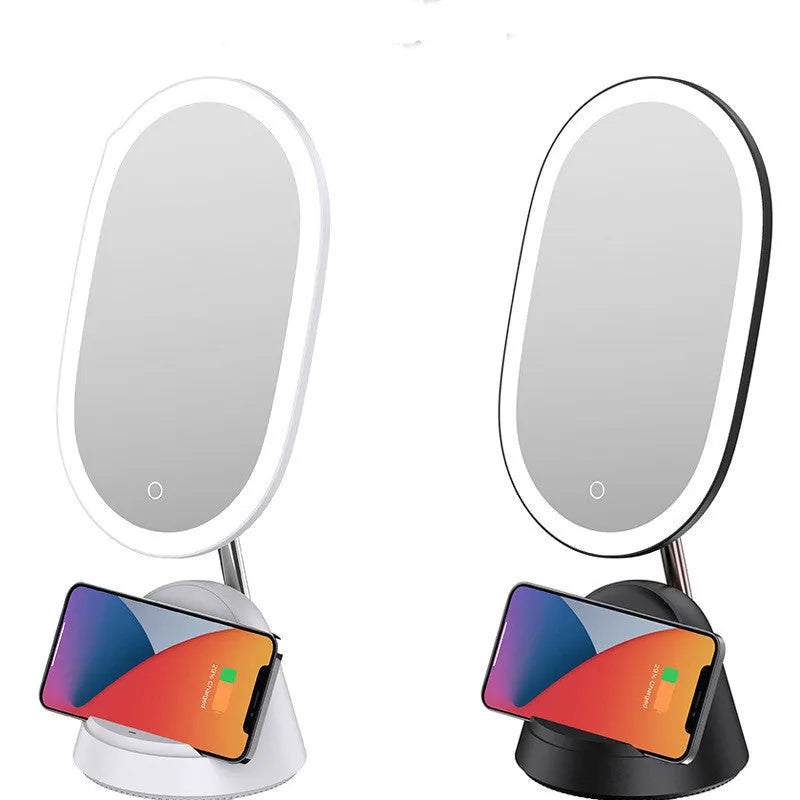 White and black makeup mirror table lamp on desktop with international plug adapters