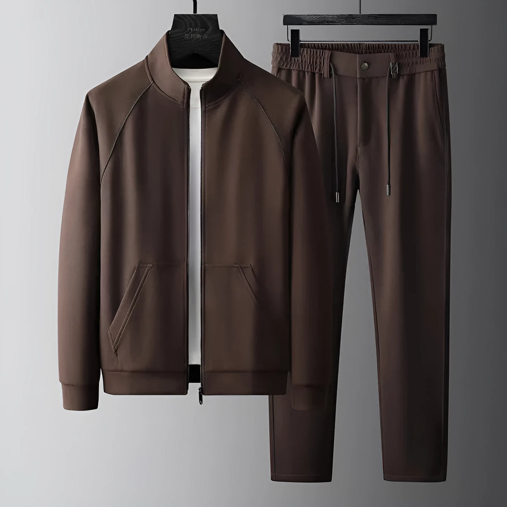 Men's stand collar slim fit casual sports suit in Vinylon fabric, shown in coffee colour
