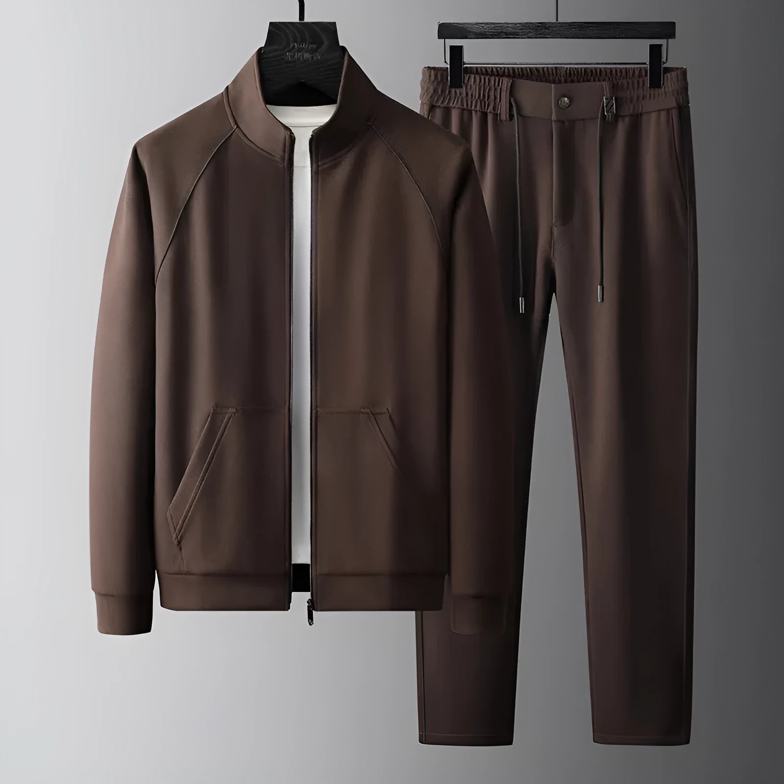 Men's stand collar slim fit casual sports suit in Vinylon fabric, shown in coffee colour