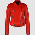 Women's black PU leather motorcycle-style jacket with a lapel collar and waist belt.