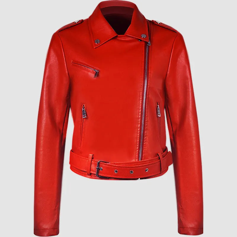 Women's black PU leather motorcycle-style jacket with a lapel collar and waist belt.