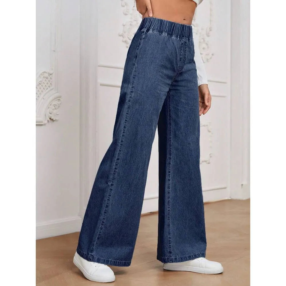 Light blue washed wide-leg denim jeans on a hanger, showing straight leg and mid waist design.