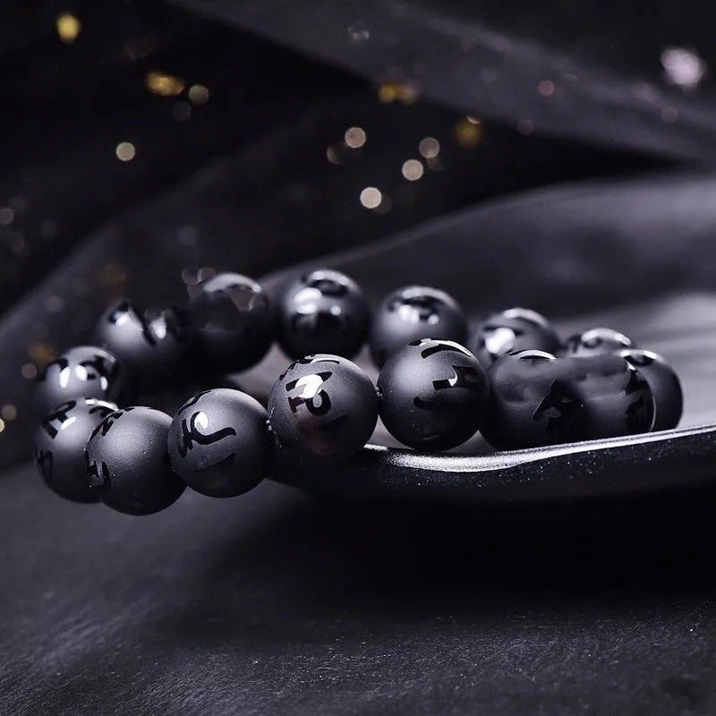 Natural frosted black agate Sanskrit mantra bracelet with Chinese style patterns in various sizes
