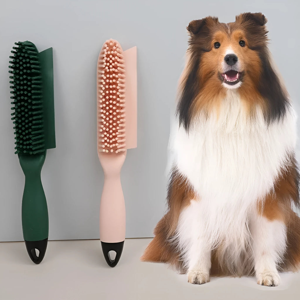 Green silicone pet brush with removable hair collector for grooming dogs, cats, and removing hair from clothes.