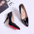 Solid colour women's stiletto pump with pointed toe and shallow mouth design on a rubber sole.