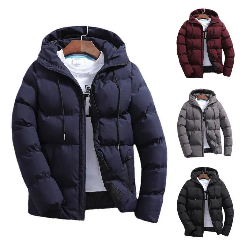 Men's pure cotton padded jacket with hood, zip front, in black, front view
