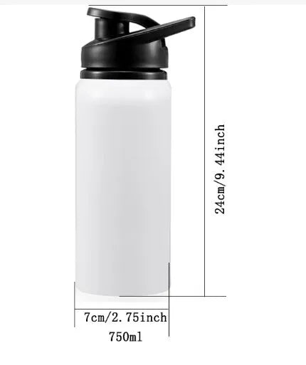 White aluminium sports water bottle showing 600ml and 750ml capacity options for cycling and outdoor use