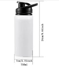 White aluminium sports water bottle showing 600ml and 750ml capacity options for cycling and outdoor use