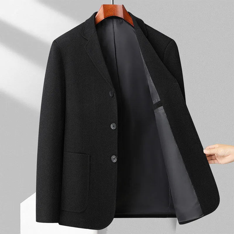 Men's loose fit solid colour woolen coat for casual spring and autumn wear