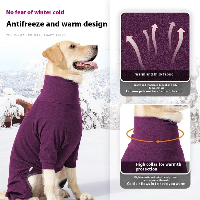 Dark grey polar fleece dog coat with high collar on a dog, showing four-legged design.