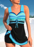 Plus size women's split skirt bikini swimsuit in quick-drying polyester fabric showing front and back views