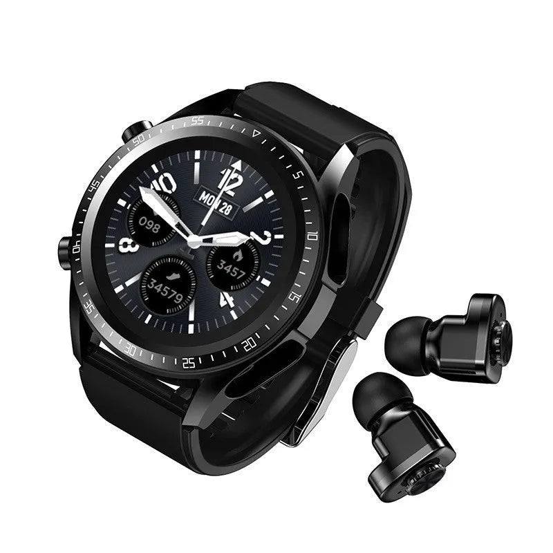 Black smart watch with silicone strap showing blood pressure and oxygen monitoring on its 1.28-inch screen.