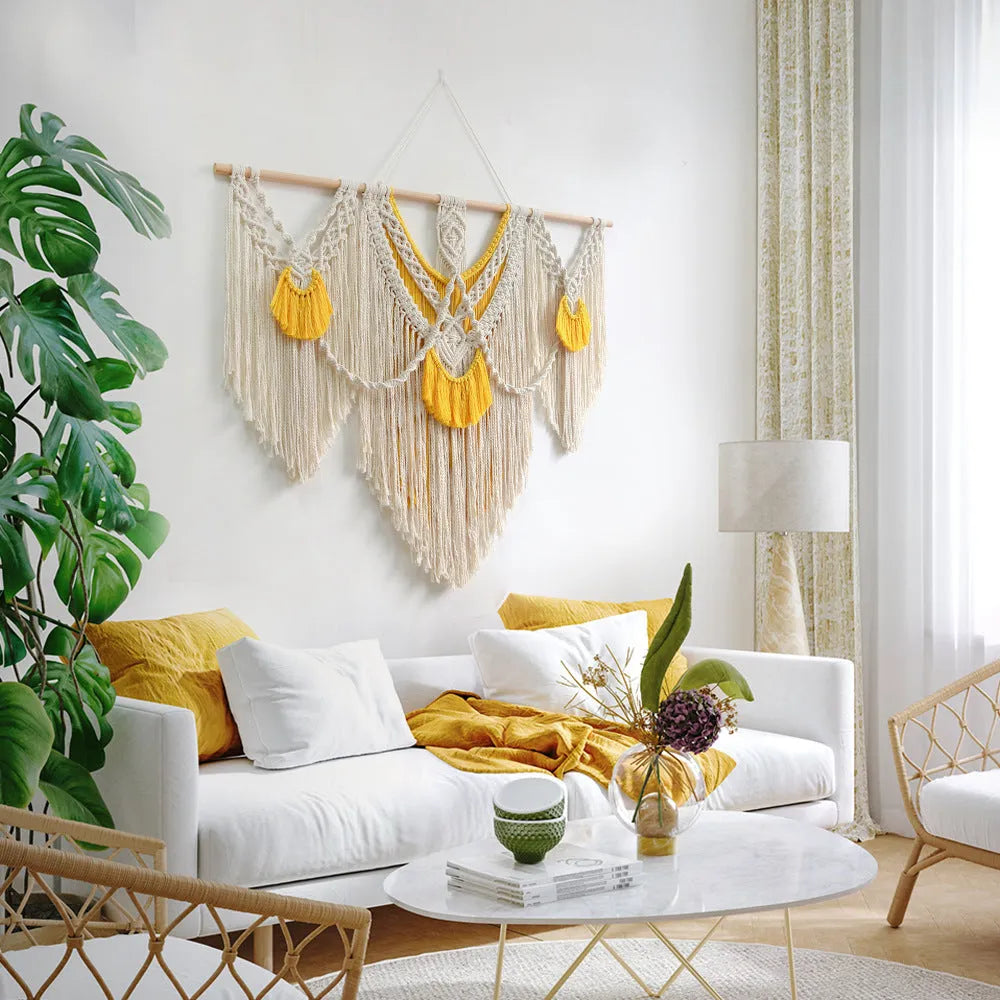 Nordic style creamy white cotton wall tapestry with hand-woven texture measuring 120 by 95 cm
