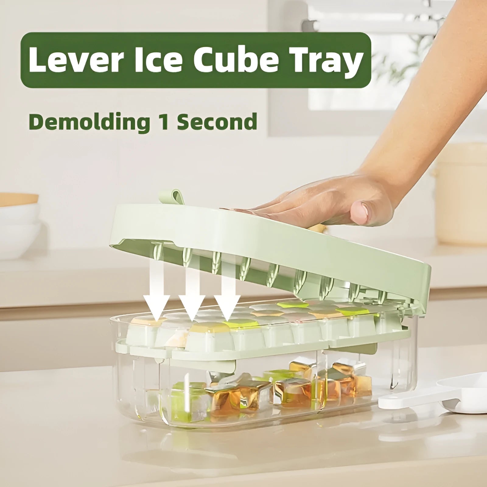 Food-grade high-capacity ice cube tray grid in blue with included ice shovel stored in dedicated slot.