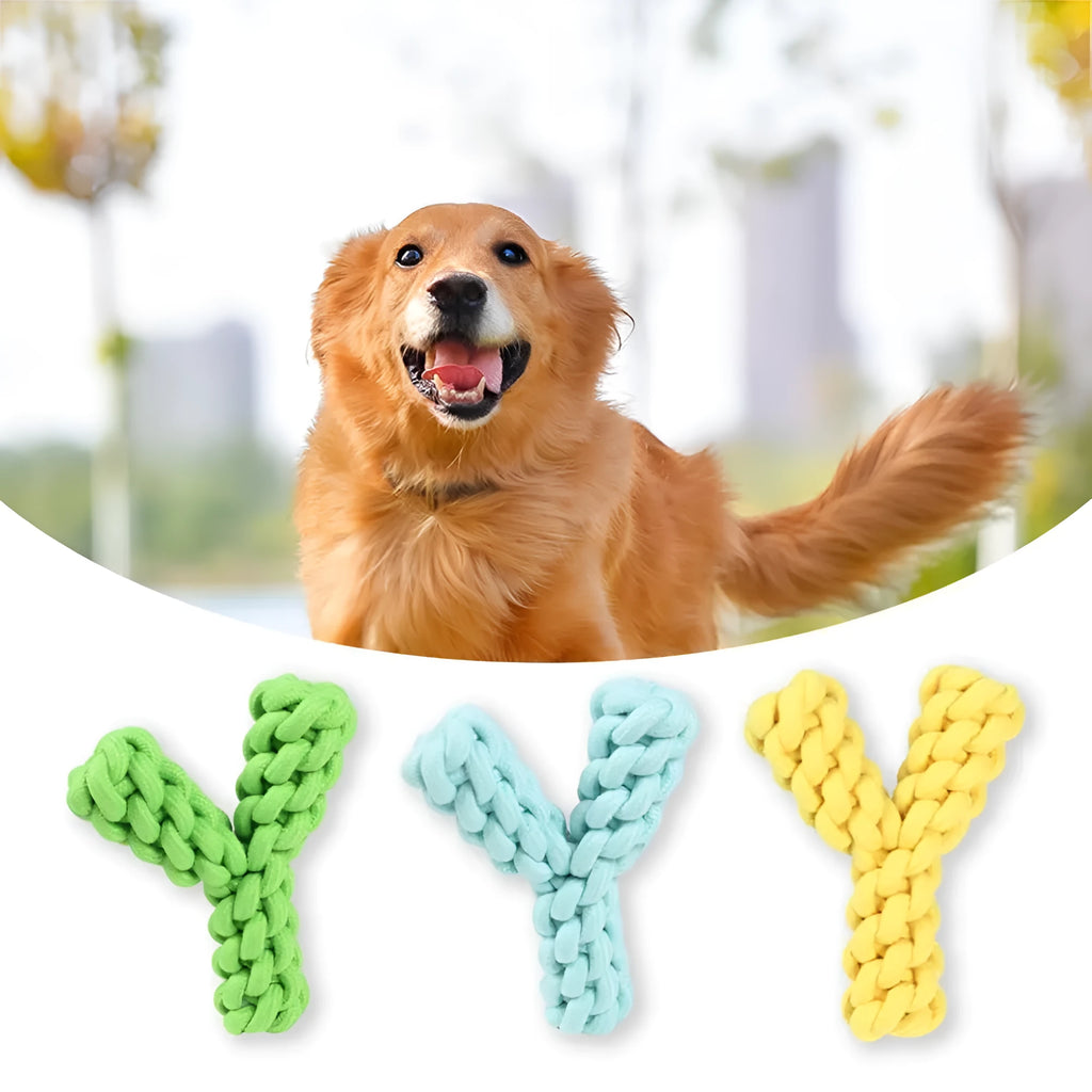 Blue Y-shaped cotton rope dog chew toy for large dogs on a white background.