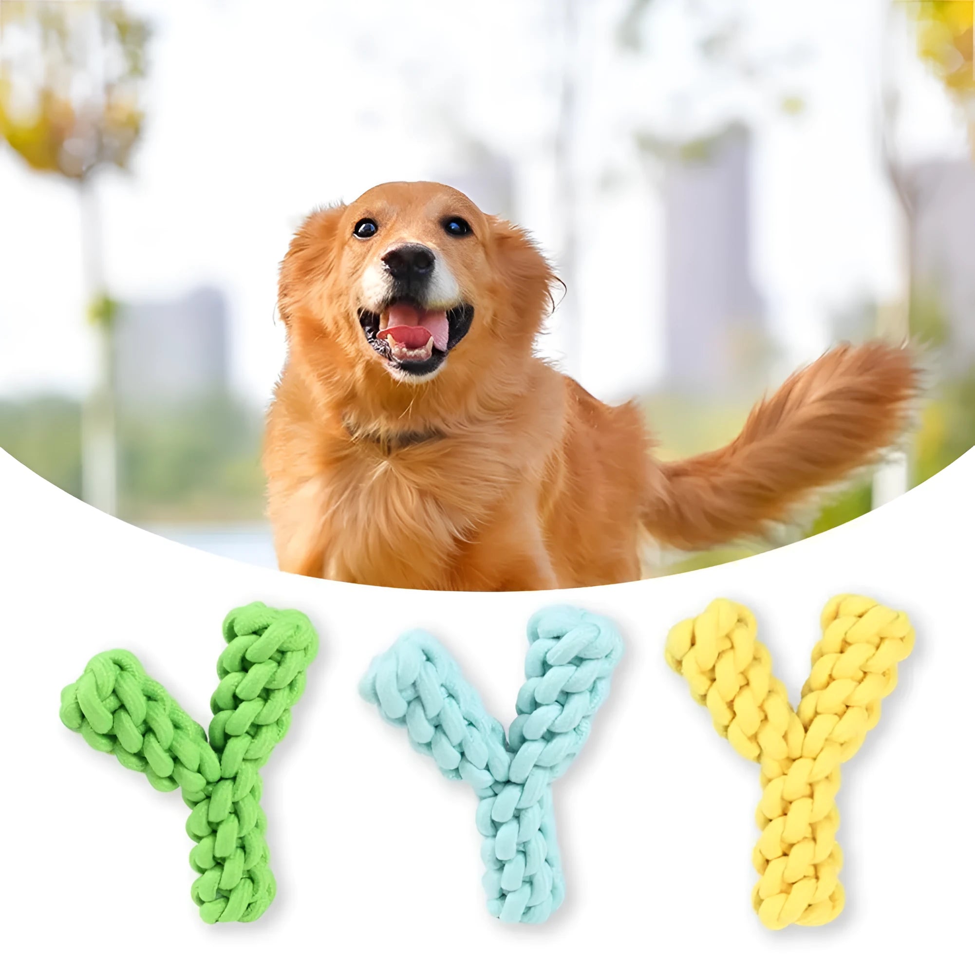 Blue Y-shaped cotton rope dog chew toy for large dogs on a white background.