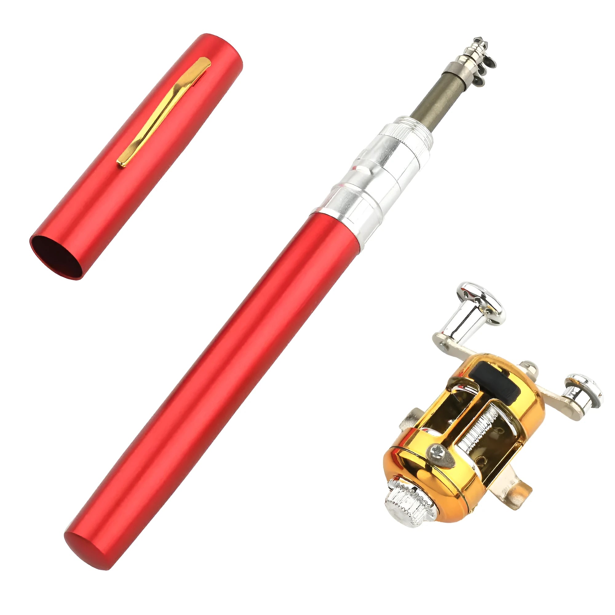 Portable telescopic pen fishing rod extended to 1 metre with gold ST5RL fishing reel