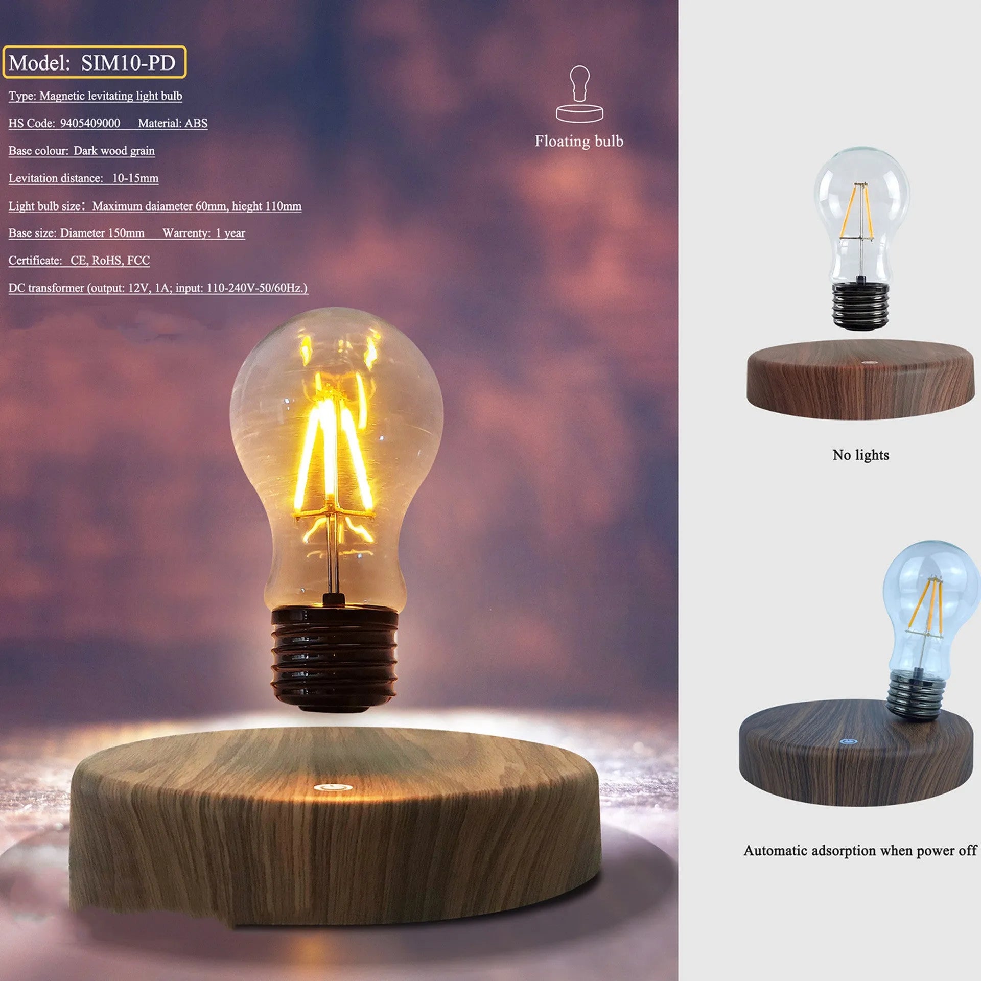 Magnetic levitation bulb night light floating above solid wood colour base with plug adapter options