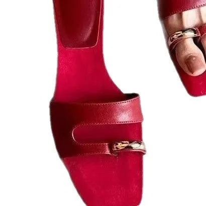 Plus size leather outdoor slippers with square toe in red, white, black, and silver on a rubber sole.
