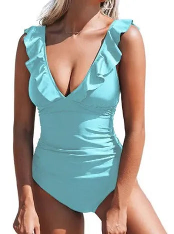 Women's apricot floral v-neck one-piece swimsuit with lace-up front detail, sleeveless design for swimming.