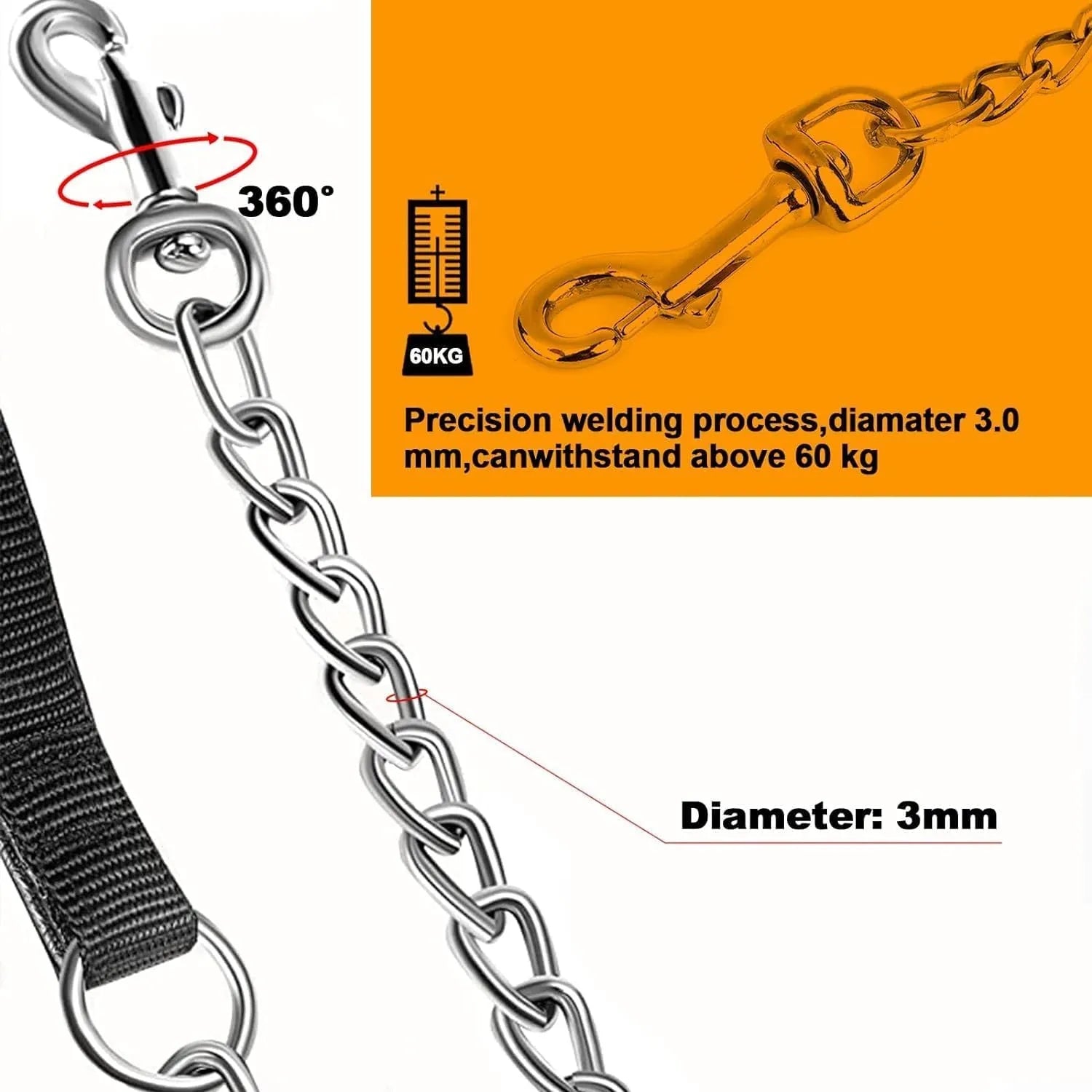 Heavy duty metal dog chain leash with soft padded handle in black, blue, or red colours