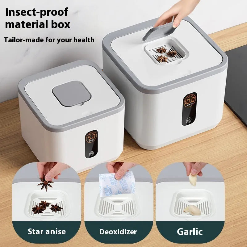 Grey plastic rice storage jar with airtight lid in three size options for kitchen pantry organisation