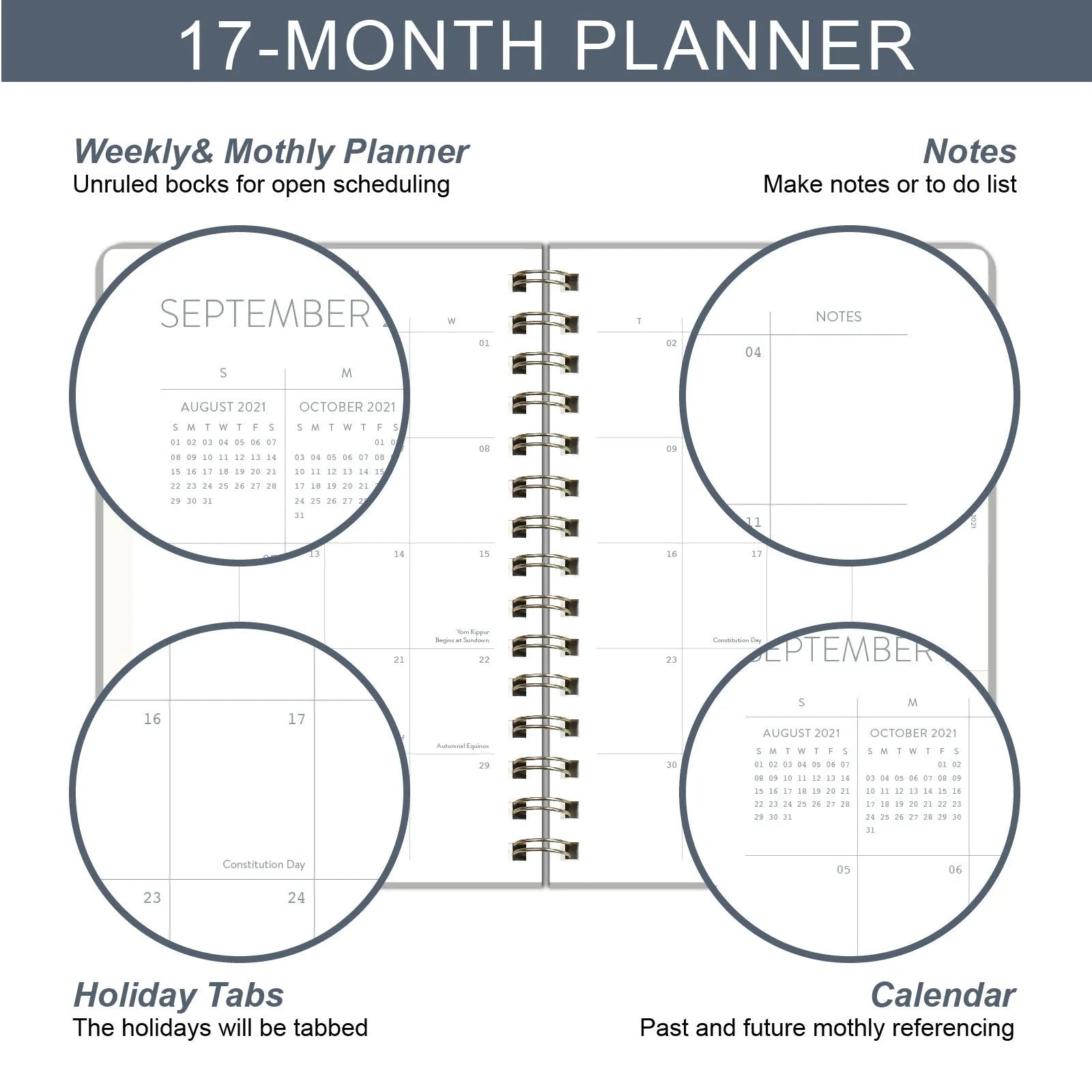 Blue or green PU leather student planner with weekly calendar pages and interior pockets