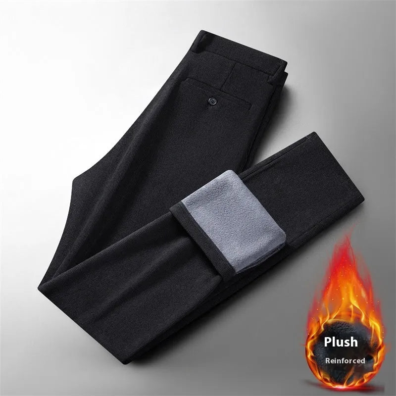 Men's fleece-lined casual trousers in black, thickened for winter, mid waist zip fly, size 34