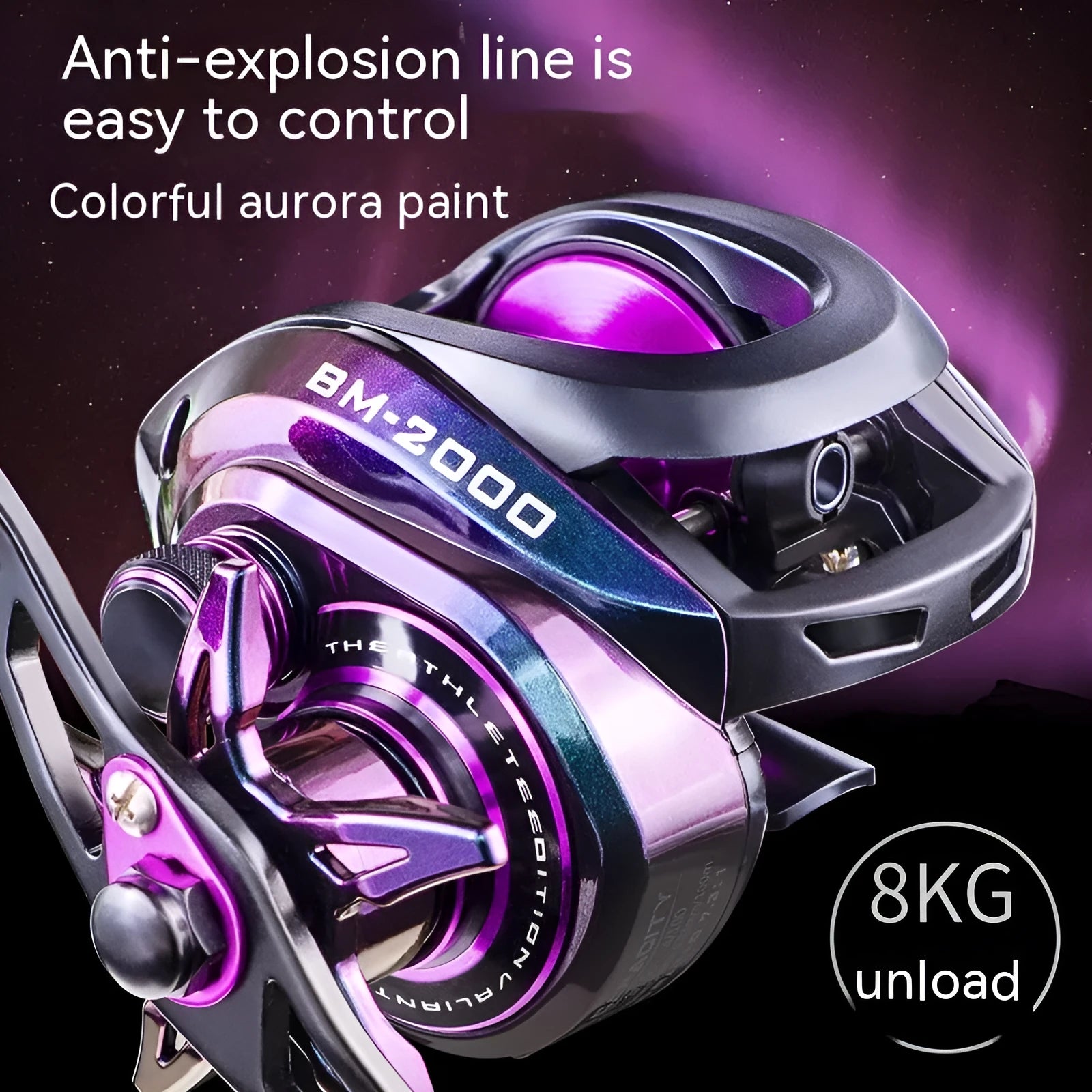 BM2000 model fishing reel with a water drop-shaped spool and magnetic brake system.