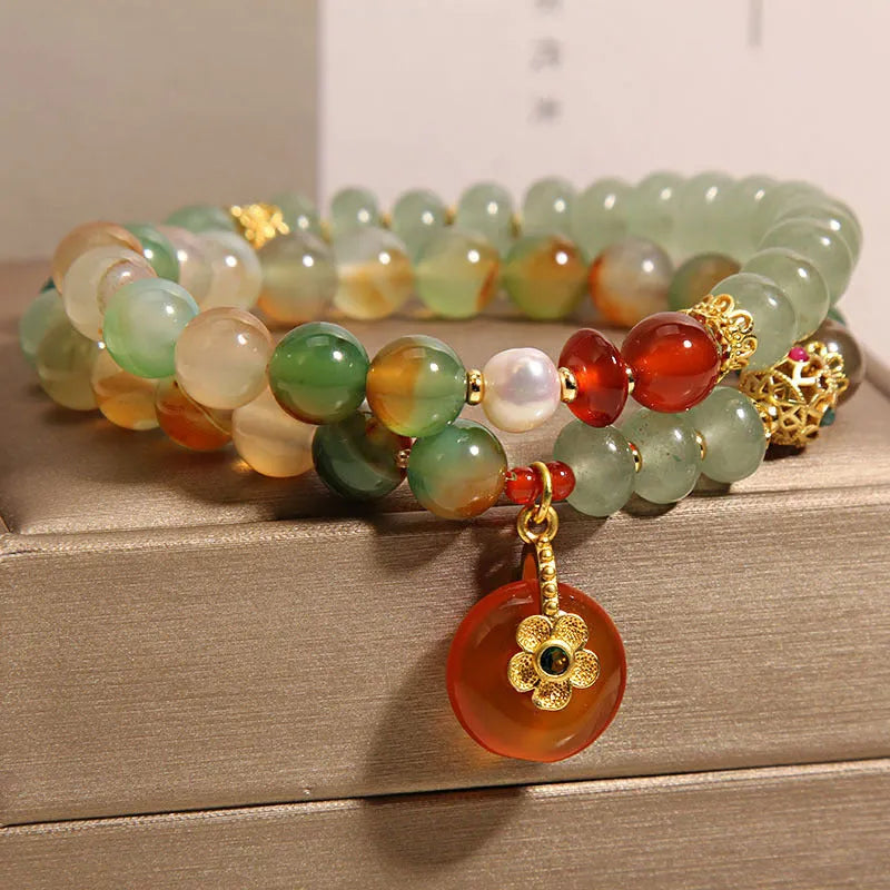 Peacock green agate double ring bracelet with safety buckle pendant and rhinestone detailing
