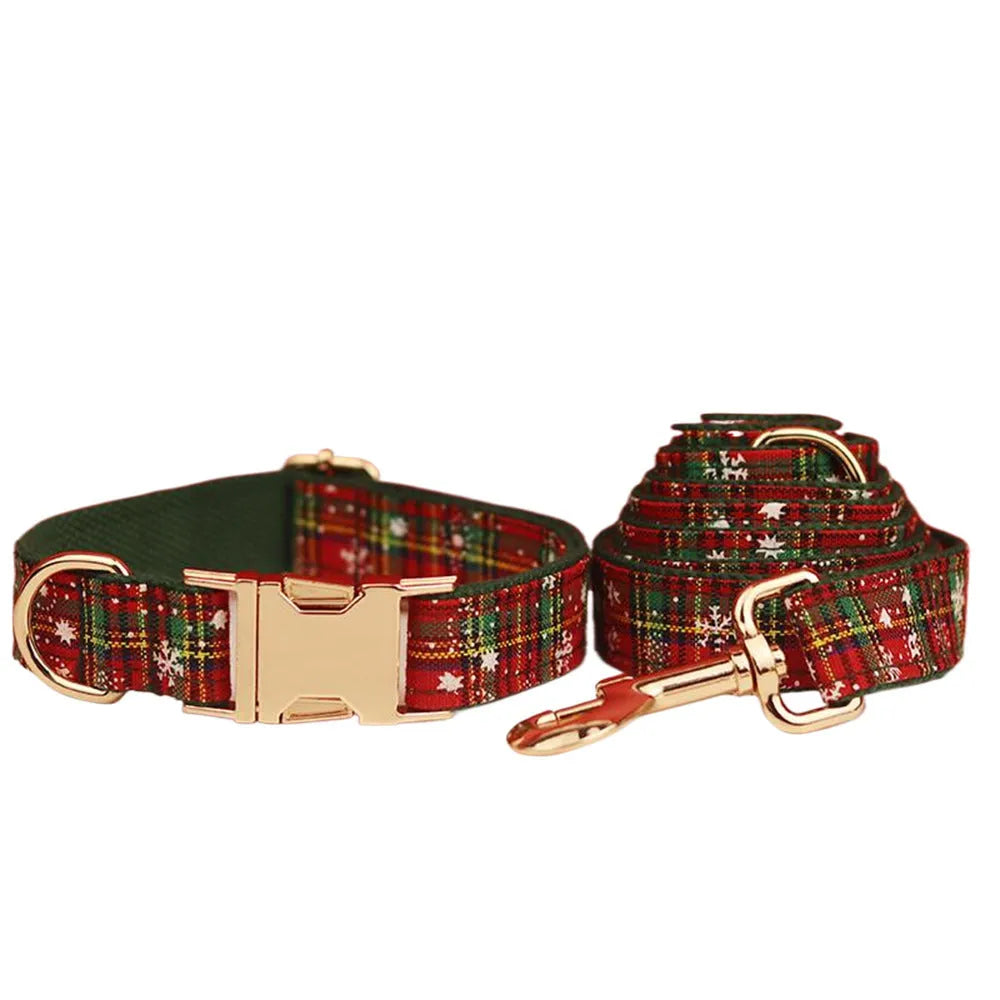 Green snowflake pattern Christmas pet collar, leash, bow, and vest four-piece set in cloth material