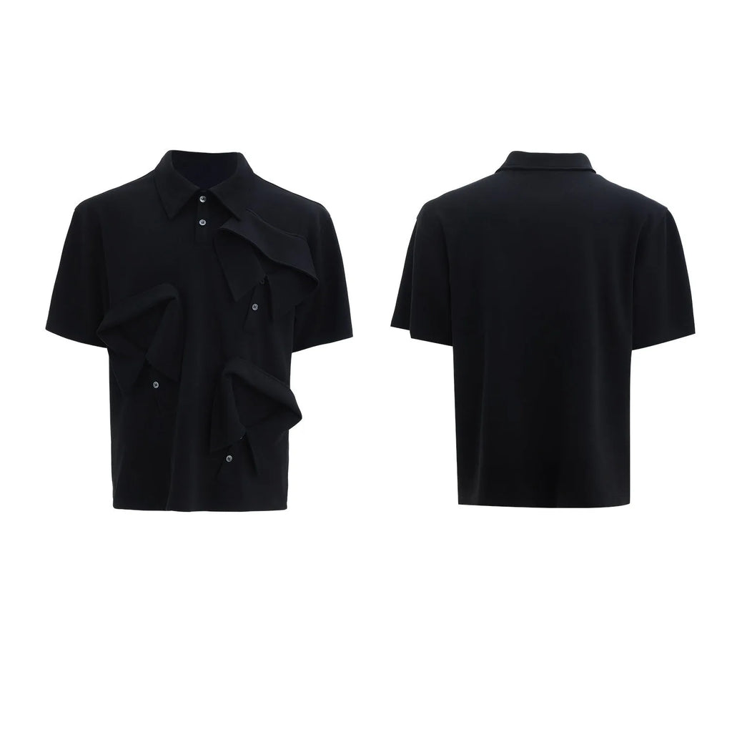 Men's black geometric print polo shirt with deconstructed collar and short sleeves, loose fit.