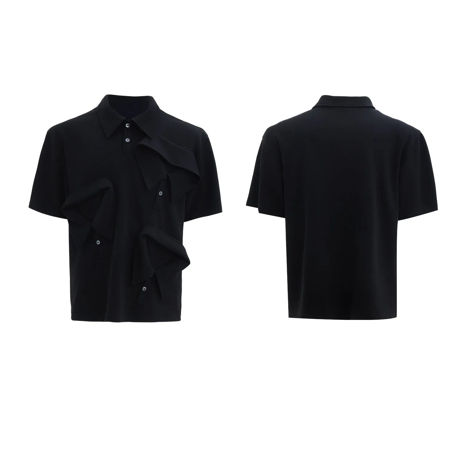 Men's black geometric print polo shirt with deconstructed collar and short sleeves, loose fit.