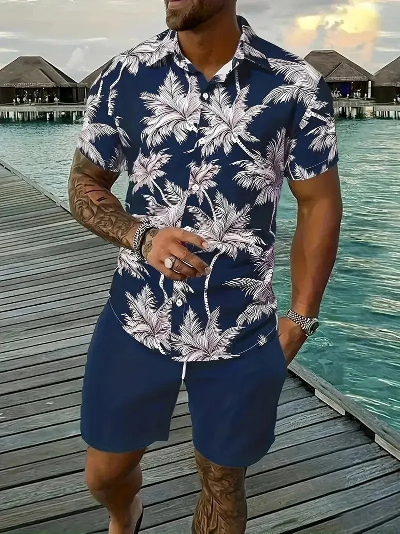 Man wearing a short sleeve Hawaii print shirt and matching shorts from the men's casual suit set.